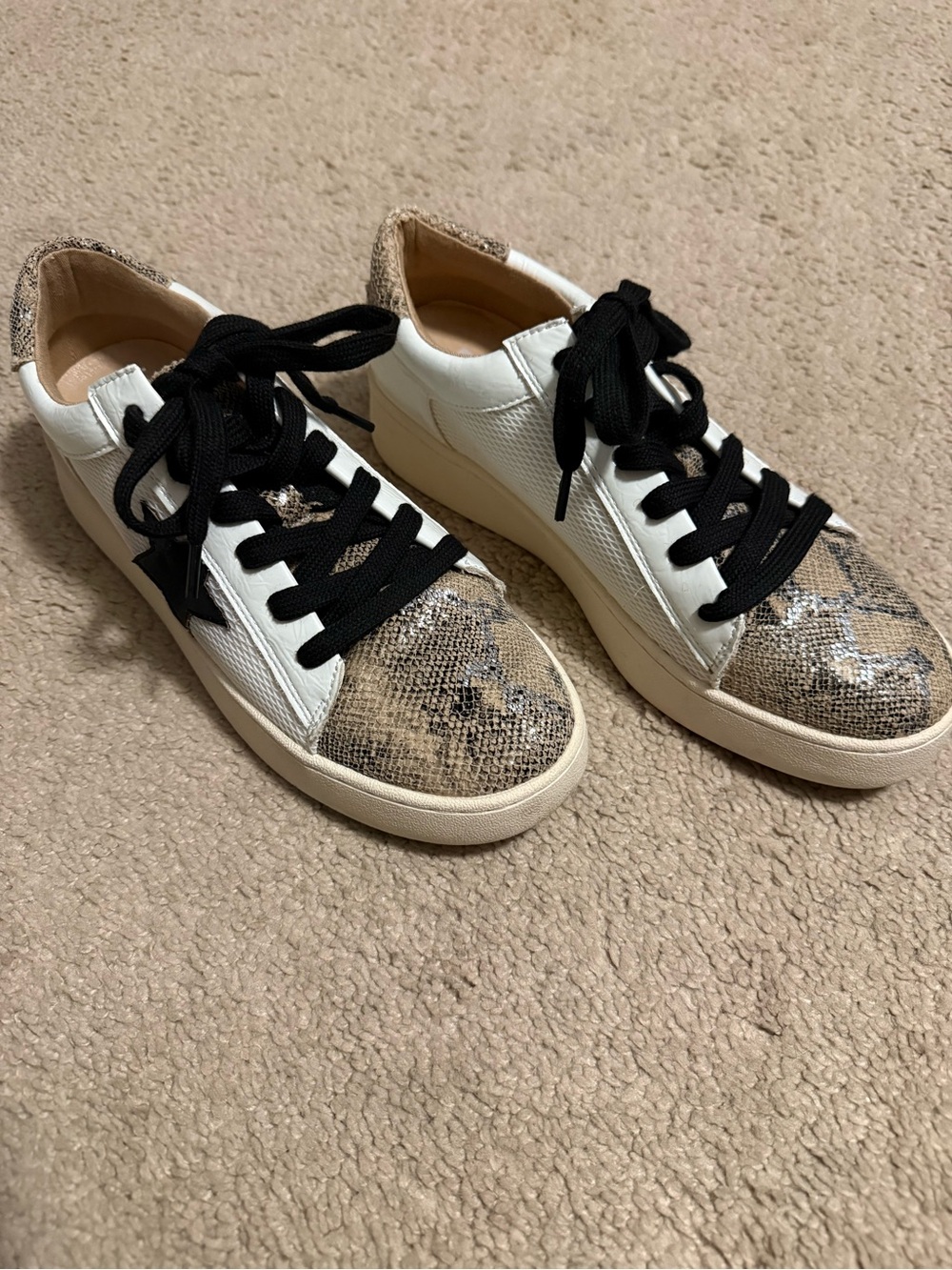 White & Snake-Print Low-Top Sneakers with Black Laces